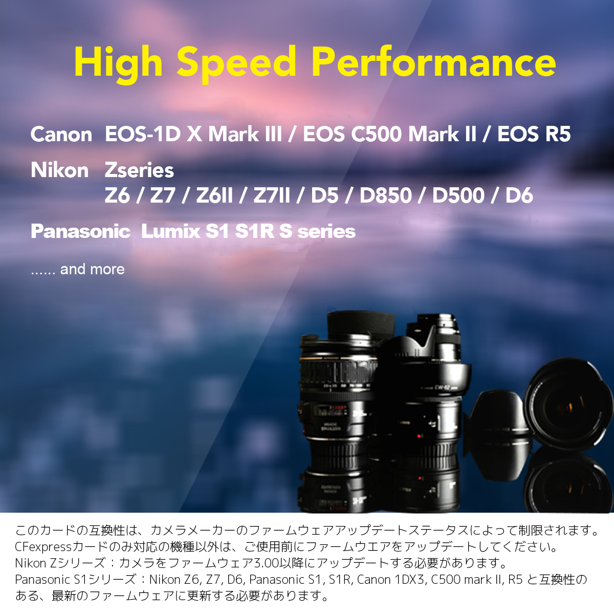 High Speed Performance Canon EOS-1D X Mark V EOS C500 Mark U EOS R5 Nikon Series Z6 Z7 Z6U Z7U D5 D850 D500 D6 SONY α1 ILCE Panasonic Lumix S1 S1R Series and more 互換性