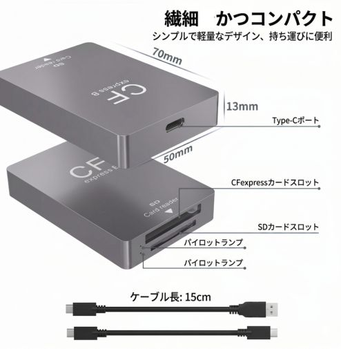 CFexpress type b カードリーダー UHS-II SD4.0 10Gbps USB3.2 GEN2 2TB TypeB ケーブル付 ポータブル アルミ 高速転送 安定伝送 | ブランド登録なし | 12