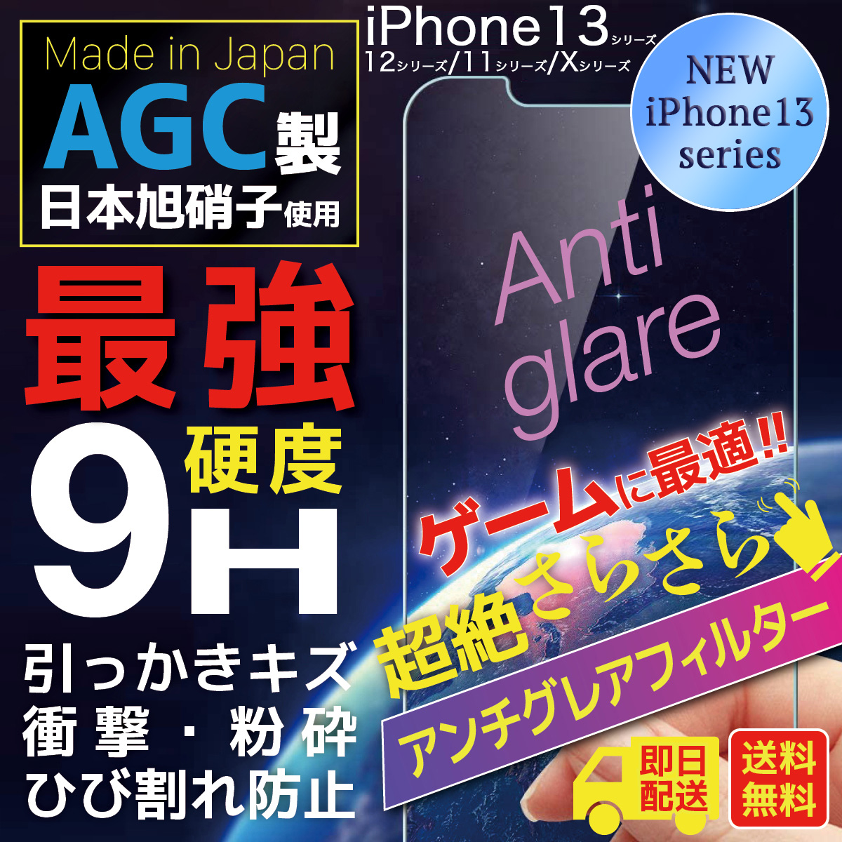 iPhone12 シリーズ Made in Japan AGC製 日本旭硝子 使用 硬度 9H 最強 HighClarity 99.9% 高透明 Anti glare 超絶さらさら アンチグレア フィルター ゲーム に 最適 引っかきキズ 衝撃 粉砕 ひび割れ 防止