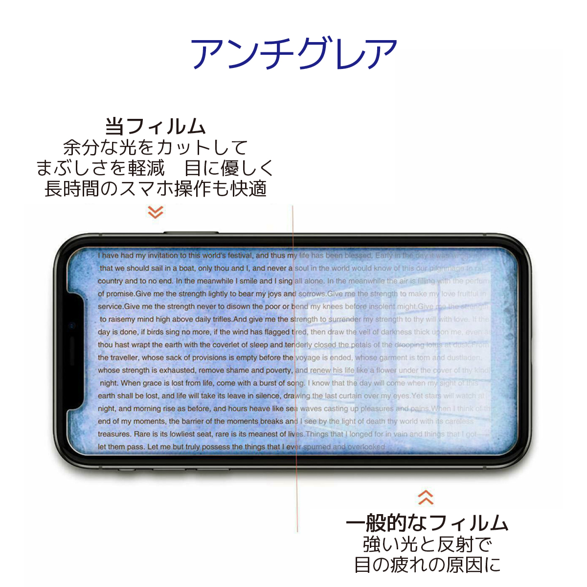 アンチグレア 当 フィルム 余分 な 光 を カット して まぶしさ を 軽減 目に優しく 長時間 の スマホ 操作 も 快適 一般的 な フィルム 強い光 と 反射 で 目の疲れ の 原因 に