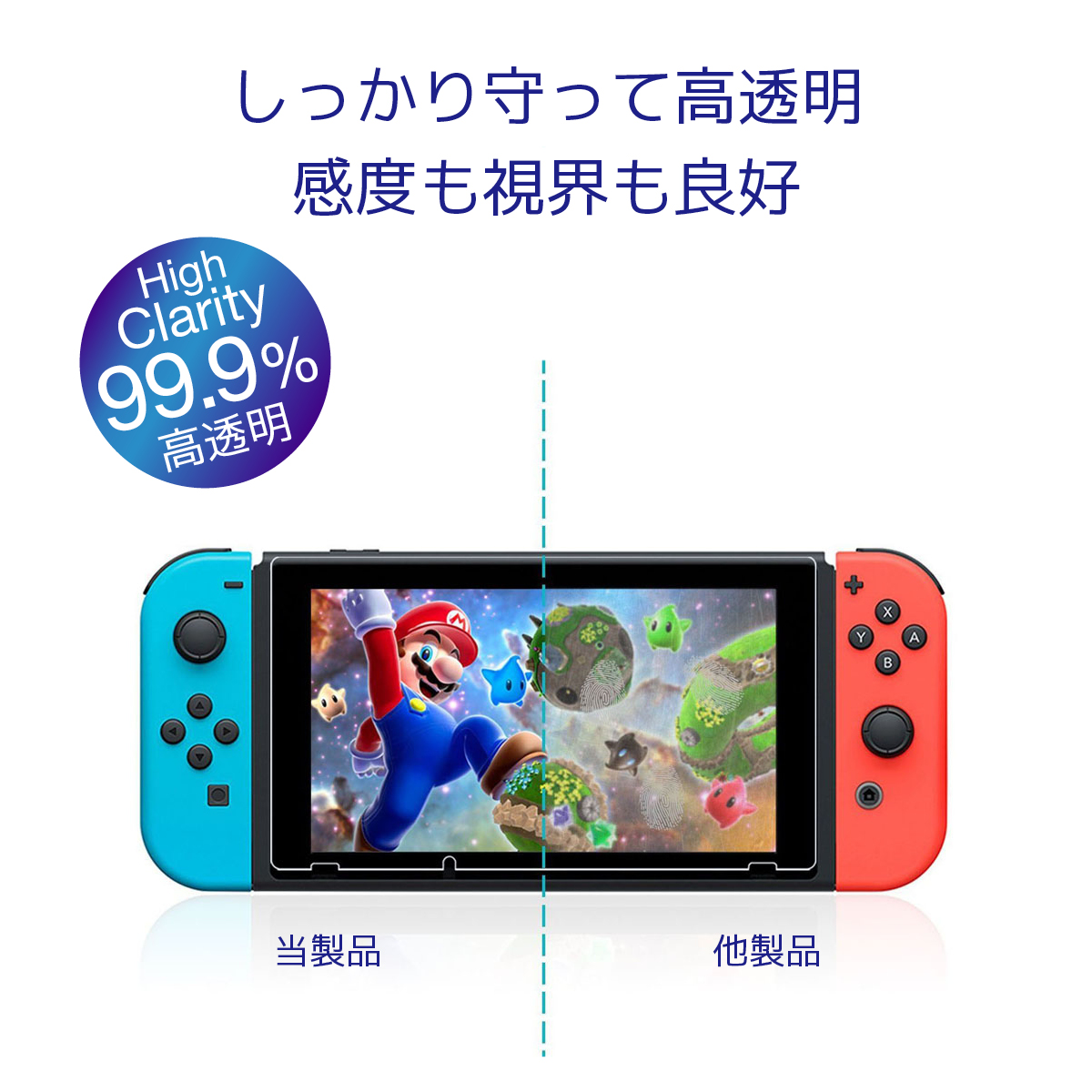 しっかり守って 高透明 感度も視界も良好 High Clarity 99.9% 高透明 当製品 他製品