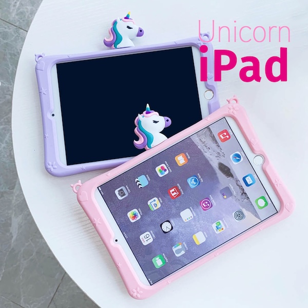 ケース iPad キッズ 耐衝撃 i Air5 4 ケース【スタンド ストラップ付き】軽量 ユニコーン 子供 iPadカバー シリコン バンパー 軽量 mini7 6  ピンク | ブランド登録なし