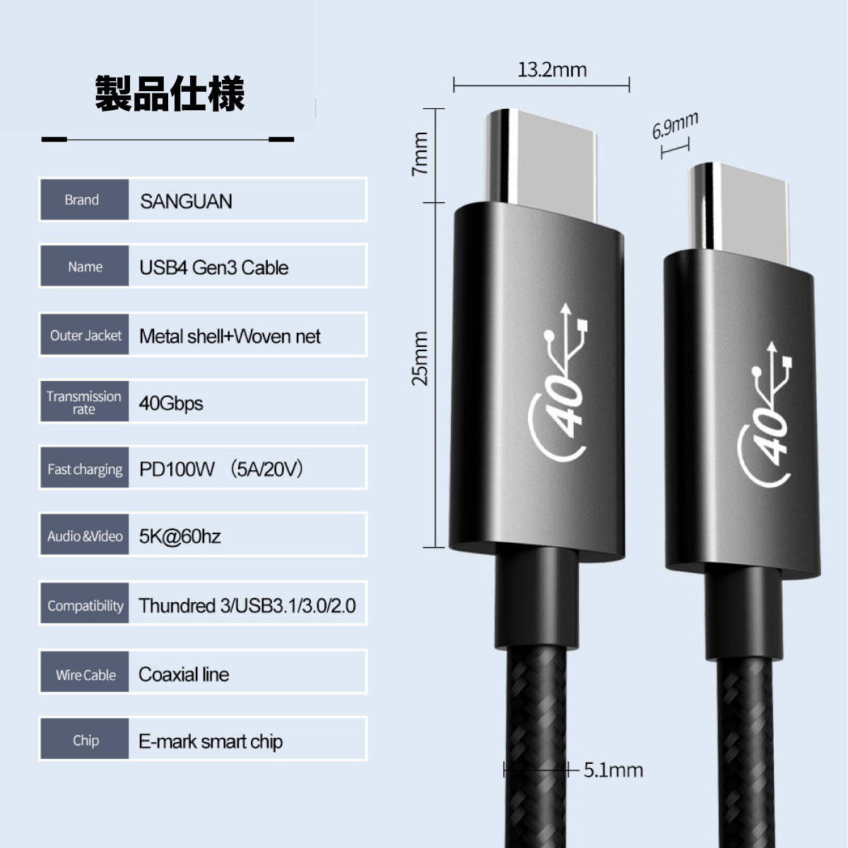 thunderbolt ケーブル 3 PD USB-C 100W 急速 usb Cタイプ 40Gbps 急速充電ケーブル サンダーボルト  iPhone15 転送 50cm 1m