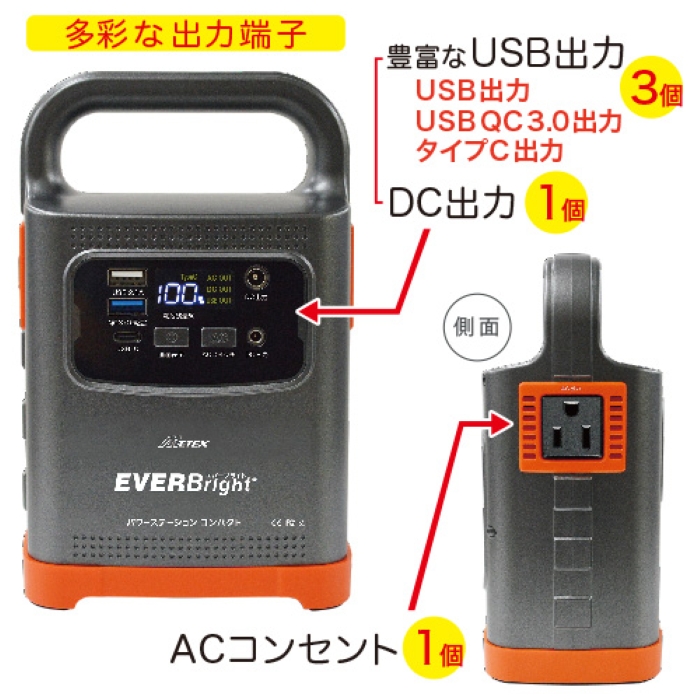 多彩な出力端子 USB QC3.0 タイプC DC ACコンセント パワーステーションコンパクト EVERBright