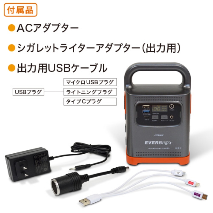 付属品一覧 ACアダプター シガレットライターアダプター USBケーブル マイクロUSB ライトニング タイプC EVERBright