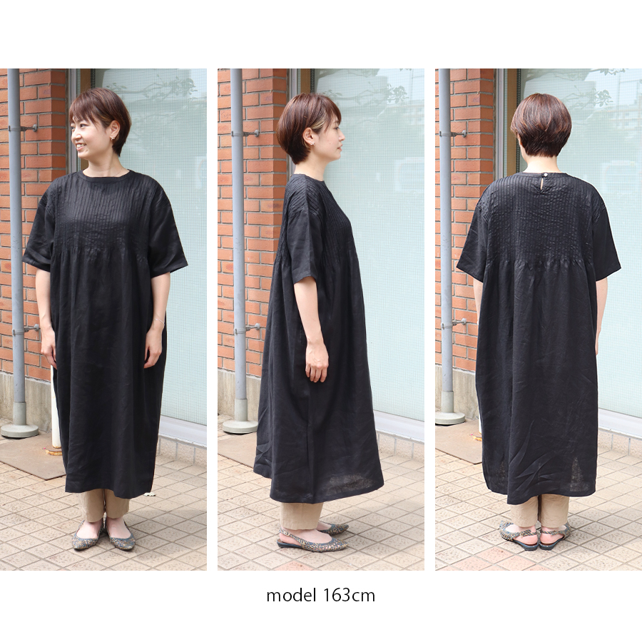08mabリネンピンタック前開き半袖ワンピースブラック美品 08mab/リネン2wayピンタックワンピース・黒 - MARCHE' DE SOEUR