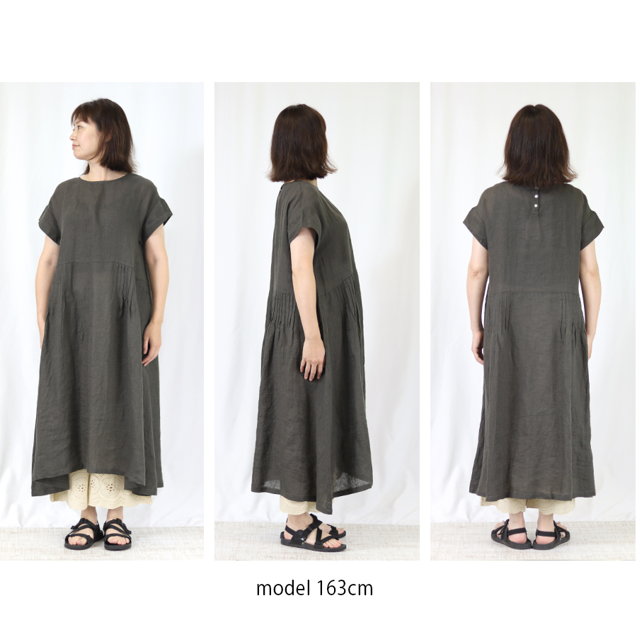 08Mab リネンシャンブレー ローウエストタックワンピース 麻100％ : W