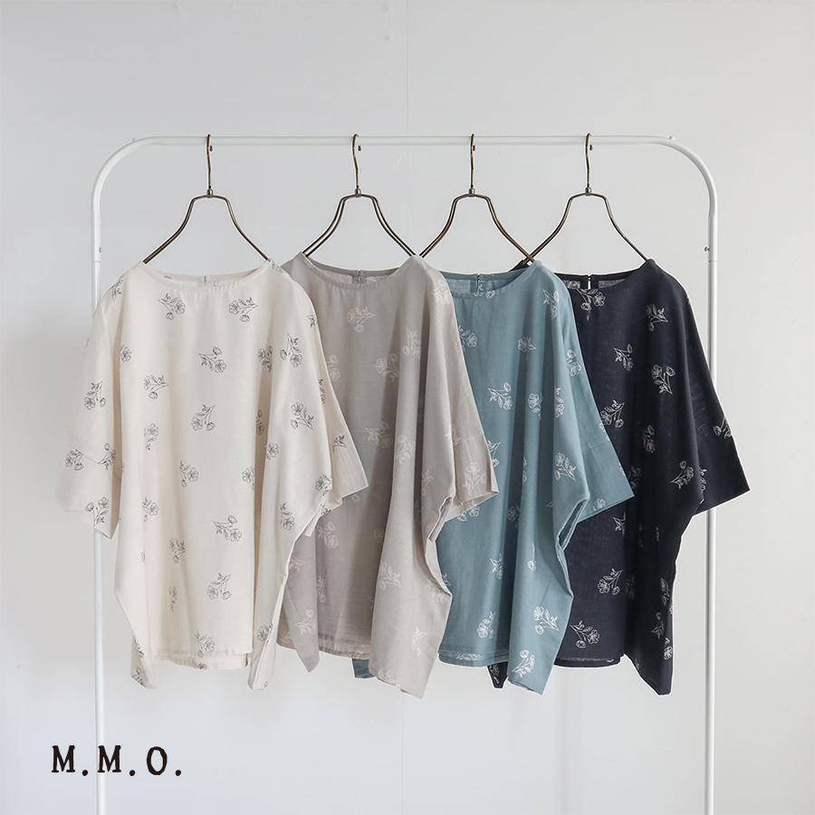 花柄コットンリネン五分袖ブラウス m.m.o. 綿 麻 プルオーバー