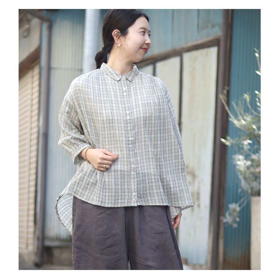 チェック柄コットンワッシャーブラウス 【M.M.O.】綿100％ シアーシャツチュニック |  | 03