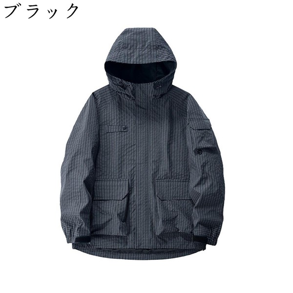 ウインドブレーカー メンズ ジャケット カジュアル フード付き 撥水 防風 ジャンパー ブルゾンアウター 薄手 チェック柄 おしゃれ