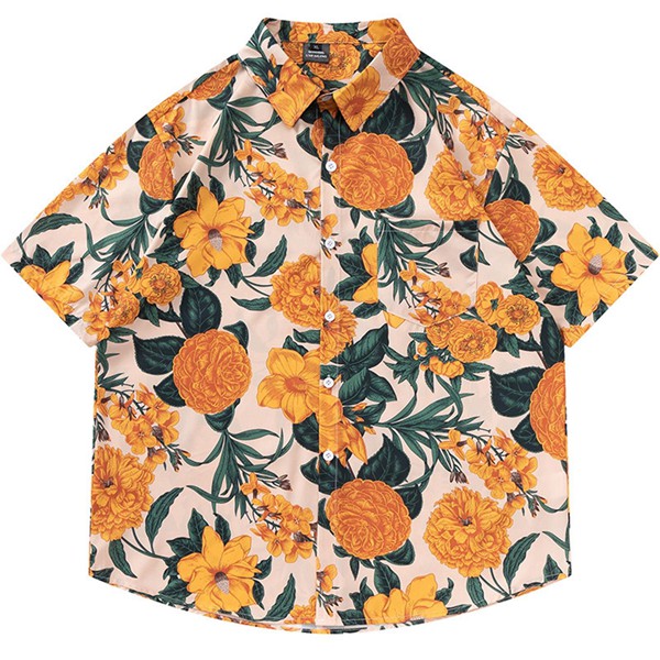 アロハシャツ 花柄シャツ メンズ 黄色の花 開襟 ビーチシャツ 半袖 襟 