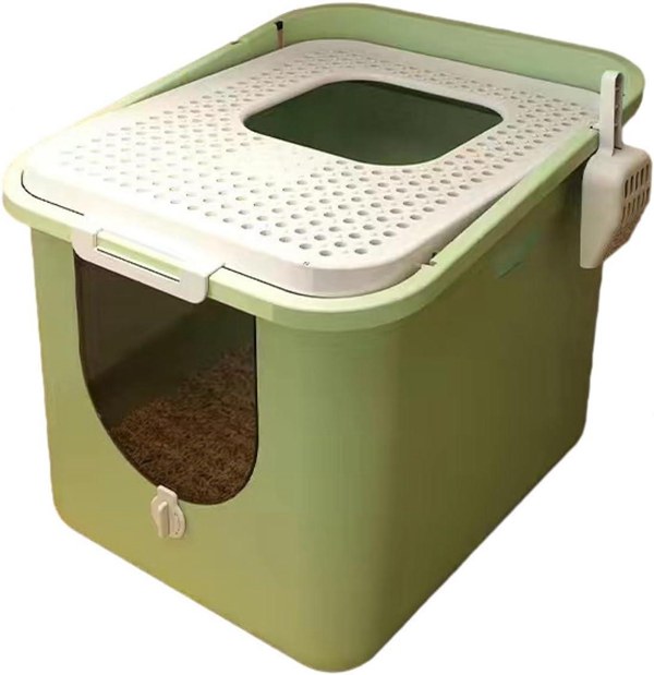 猫用トイレ本体 大型 フルカバー 猫トイレ 緑色 2way出入り方法 ふた