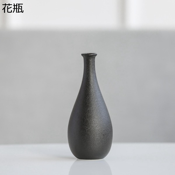 日式花瓶 フェイクフラワー付き インテリア装飾 陶器花瓶 黒陶 禅 
