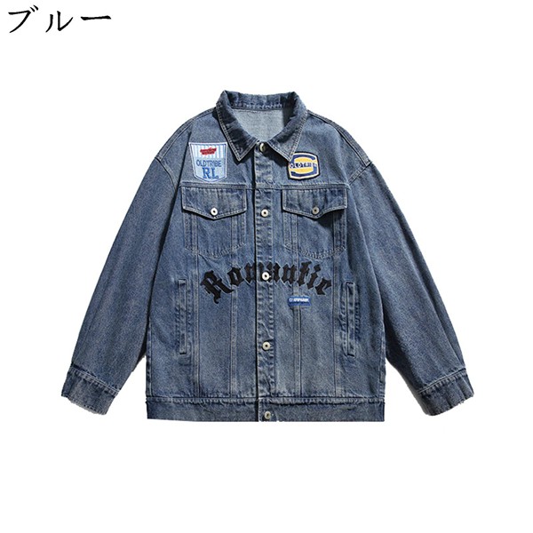 デニムジャケット メンズ ジャケット ジージャン gジャン レトロ レター刺繍 ラペル アメカジ ゆったり ストリート ブルー L 上着