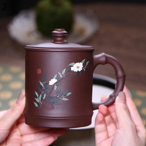 陶具 マグカップ 中国 茶器 蓋付き 絵付け 宜興 紫砂 梅花 1客セット