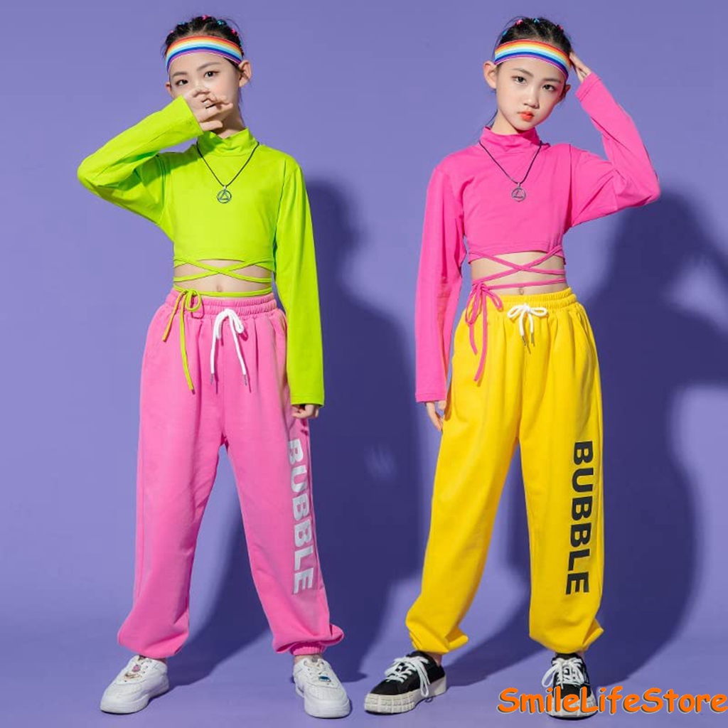 キッズ ダンス 衣装 ヒップホップ セット 女の子 チアガール ショート丈 トップス へそ出し ハーフトップ 白 黒 黄緑 ピンク 学園祭