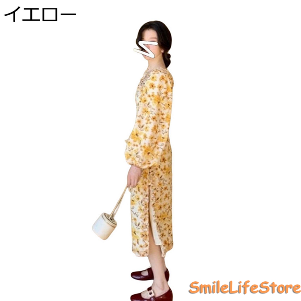 国内配送 シフォンワンピース やさしい ゆったり 体型カバー ロング 見え防止 裏地あり エレガント 気質 スクエアネック 長袖 春秋 レディース ワンピース カラー ブルー Www Sustentec Com Br