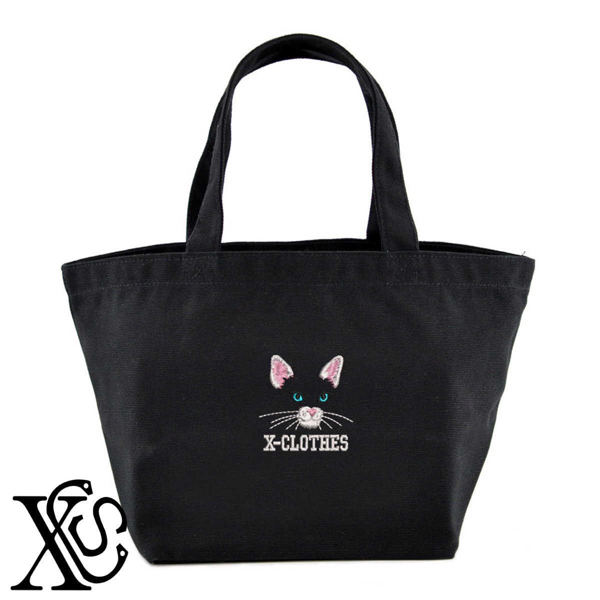 猫顔パーツ2柄単 刺繍 キャンバス生地 ランチ ミニ トートバッグ レディース メンズ【X-CLOTHES】オリジナル グッズ ワンポイント 雑貨