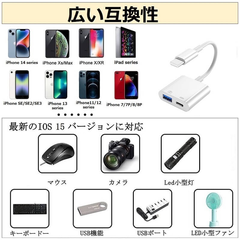 iPhone iPad 変換アダプタ カメラ OTG ケーブル 同時充電