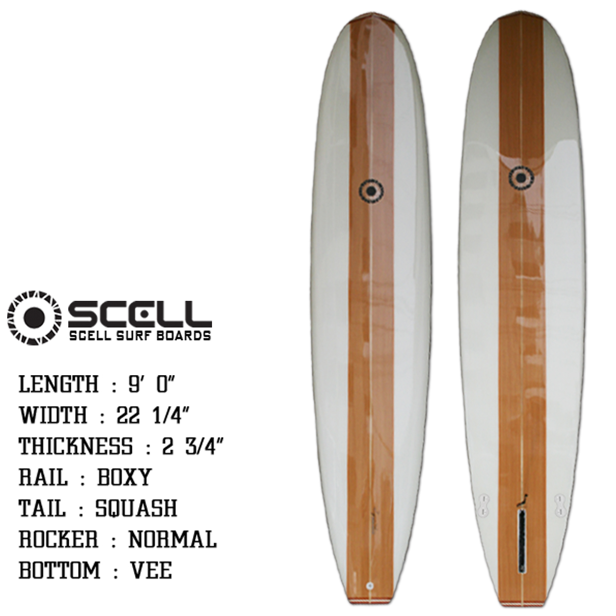 送料無料 サーフボード ロングボード 9'0 SCELL セル サーフィン WOOD ウッド 木目調 ボックスフィン スタビ フィン付 FCSフィン