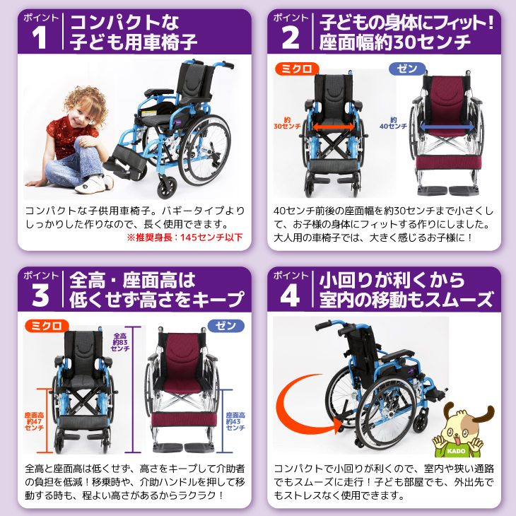 車椅子 車いす 車イス 軽量 コンパクト 自走式 子供用 キッズ用 ミクロジュニア A802 カドクラ XSサイズ