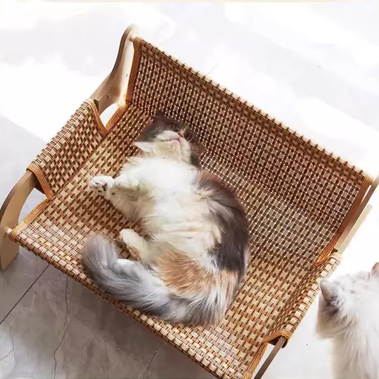 猫 ベッド ハンモック 猫用ラタン編みクールソファ 木製フレーム 通気