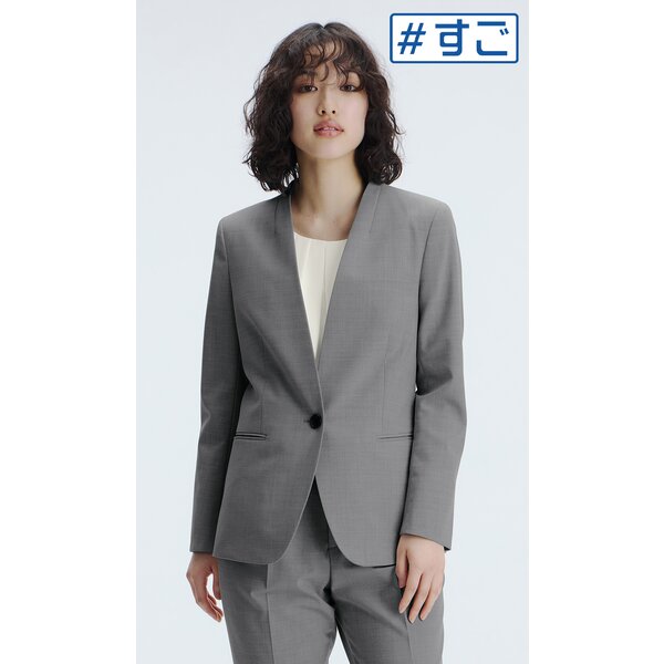 theory ノーカラー Vネック ストレッチ パンツスーツ グレー Mサイズ AOYAMA 【洋服の青山】超ストレッチ ノーカラージャケット レディース
