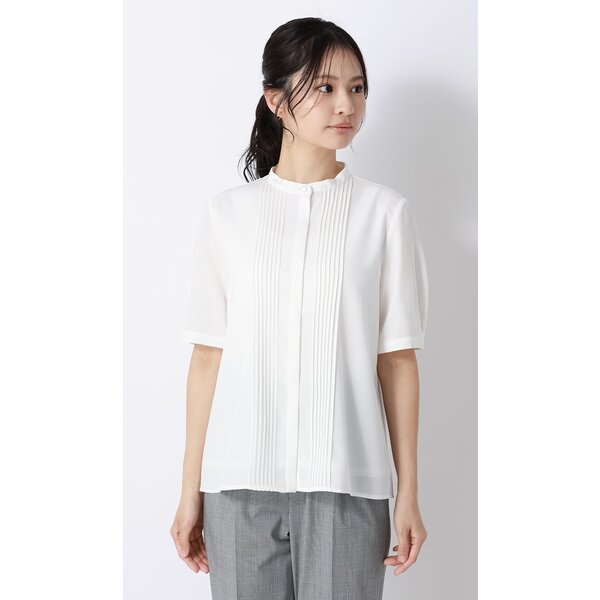 シロコン パフスリーブボザムブラウス 半袖 ピンタック 白 38 vf6 AOYAMA 【洋服の青山】春夏 ホワイト系 ピンタックブラウス【半袖