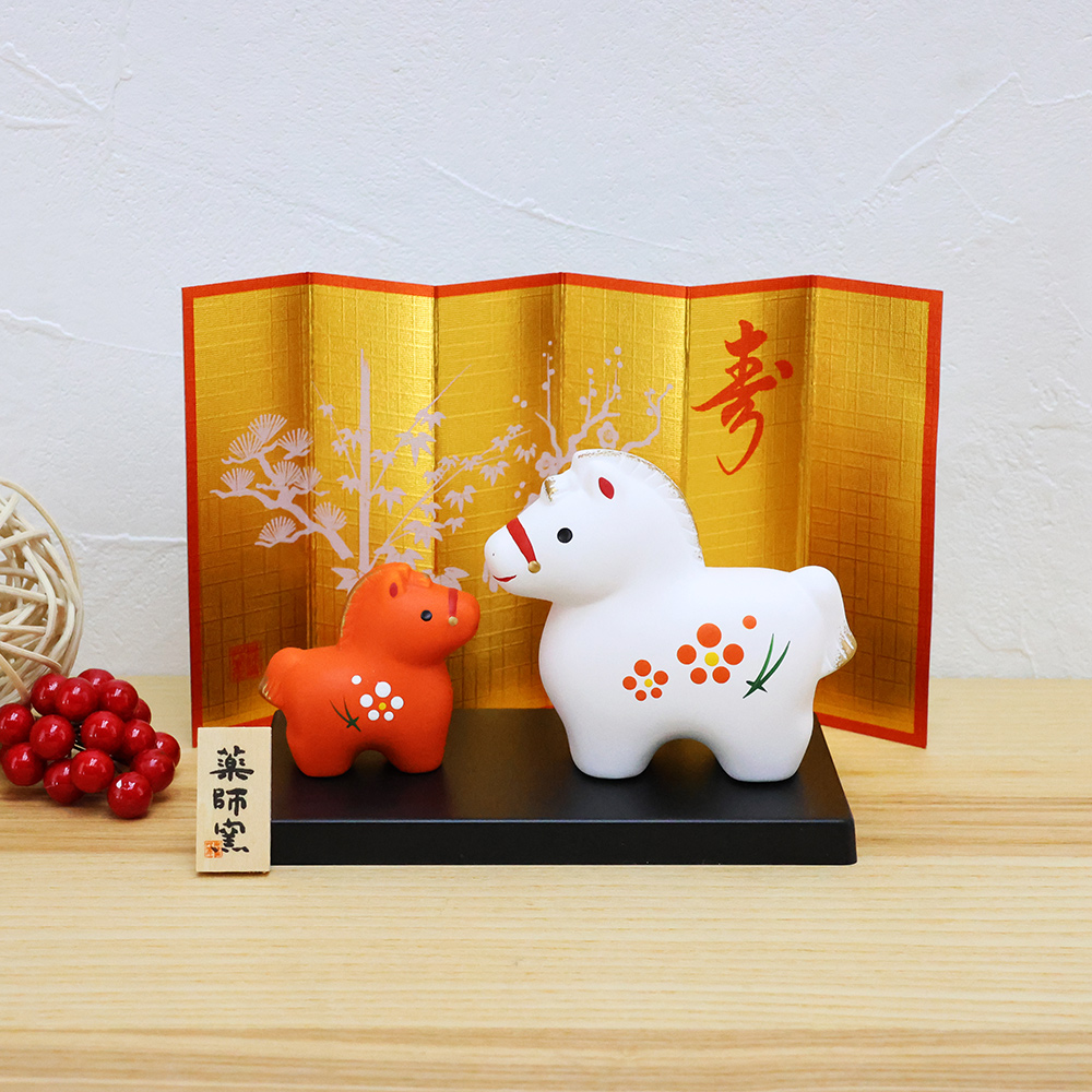 大阪長生堂 正月飾り 干支午 午 置物 陶器 紅白 お正月飾り 正月飾り