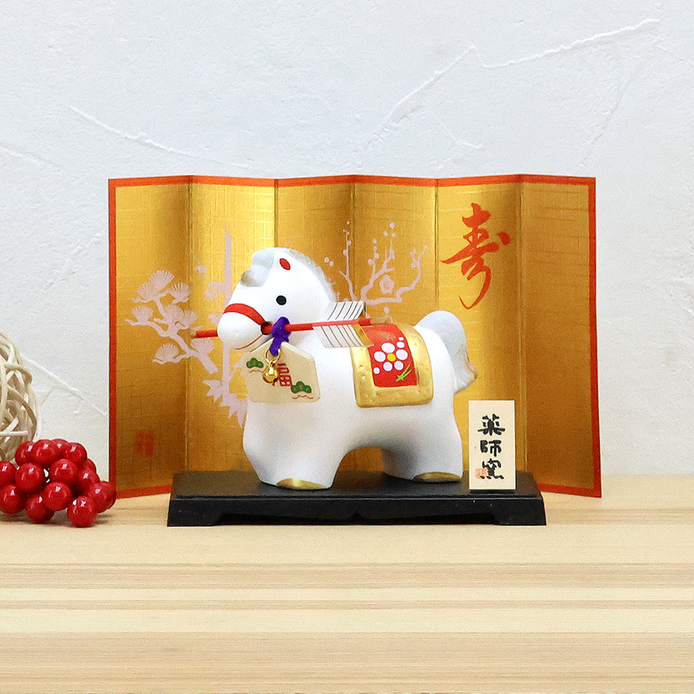 大阪長生堂 正月飾り 干支午 午 置物 陶器 破魔矢 お正月飾り 正月飾り