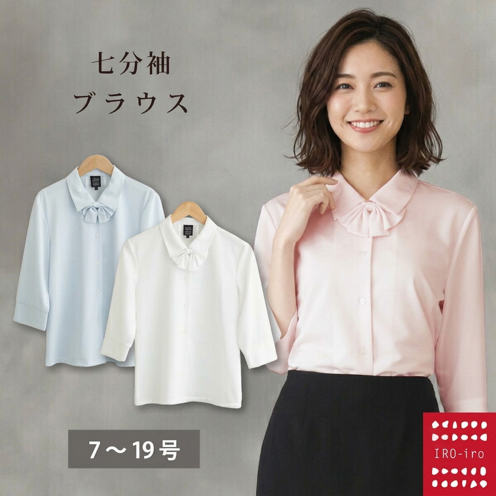 I0120 七分袖 ブラウス リボン付きブラウス/ホワイト・ピンク・ブルー 