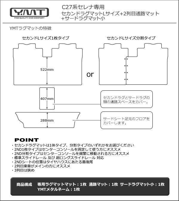 セレナC27 セカンドラグマットL+2列目通路マット+3RDラグマット小