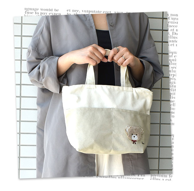帆布 ポケット付き ミニトートバッグ さがら刺繍 さがら織 ワン