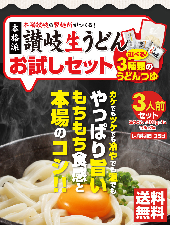 本場の旨さを、ご家庭にお届け 純生讃岐うどんお試しセット 3人前 3種類のつゆから選べる