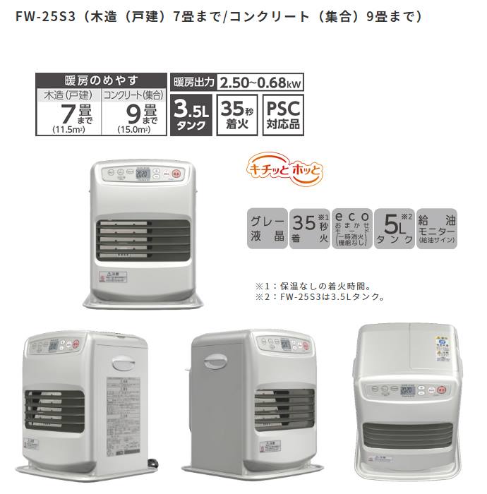 51％割引ダイニチ 石油ファンヒーター FW-25S3-S ライトシルバー 木造7畳 コンクリート9畳タイプ 出力2.5kw タンク3.5Ｌ  ファンヒーター - www.brobia.com