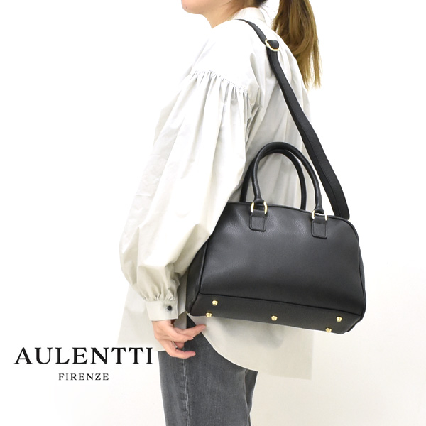 【人気商品】AULENTTI ボストンバッグ　ショルダー　ブラック　レザー AULENTTI/オウレンティ レザーボストンバッグ ショルダー付き ブラック