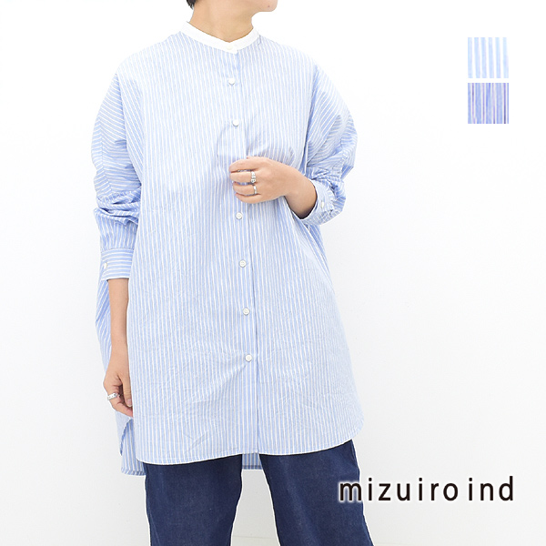 mizuiro-ind ミズイロインド ストライプスタンドカラーワイドシャツ 1-230059 レデ...
