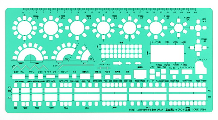 未使用 製図(イラスト)セット 製図用 テンプレート定規 宴会場レイアウト 152x315x1mm 2段カット