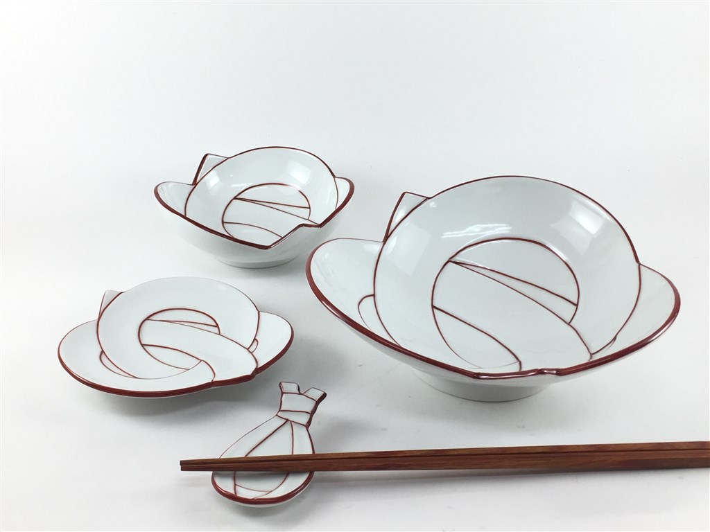 有田焼 田清窯 結び 小丼(赤)【17cm 16cm ムスビ むすび皿 中鉢 組紐