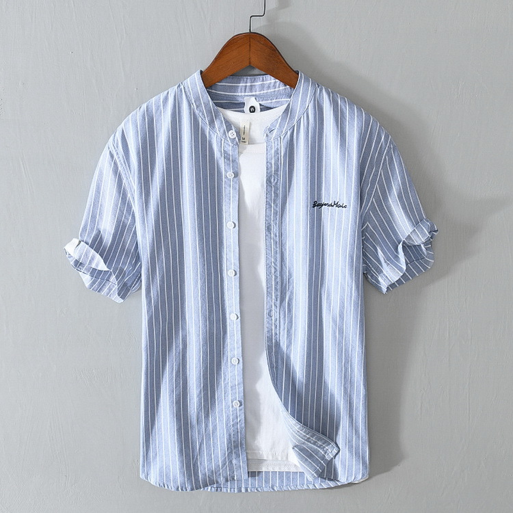 白シャツ メンズ 夏服 半袖シャツ ストライプ柄シャツ シンプル 100%綿