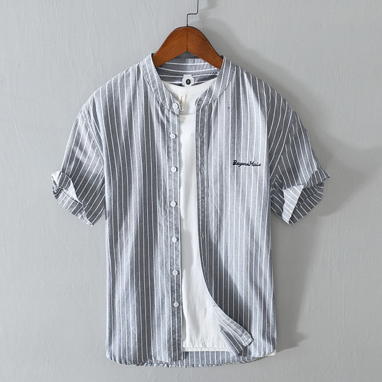 ストライプ 半袖シャツ 白とグレー 白シャツ メンズ 夏服 半袖シャツ ストライプ柄シャツ シンプル 100%綿