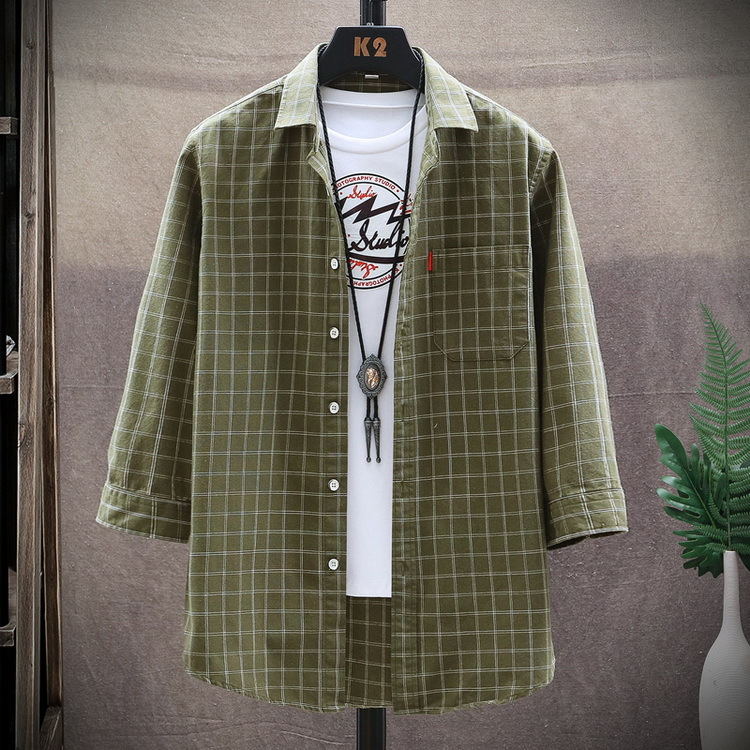 チェック柄シャツ メンズ 七分袖 薄手 夏服 羽織 トップス