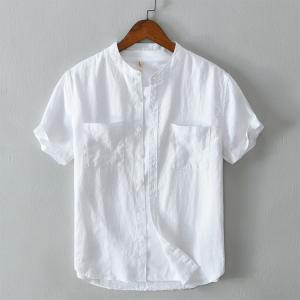 シャツ トップス 白シャツ 麻 リネンシャツ カジュアルシャツ 100%リネン バンドカラー 詰襟 ...