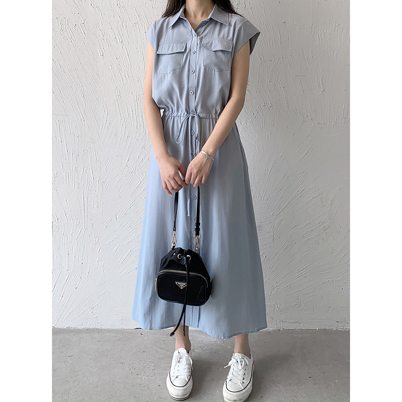 DKNY すっきりシルエット ベルト ノースリーブ シャツワンピース ダナキャランニューヨーク DKNY ☆$99 サイドロゴテープ襟付きV