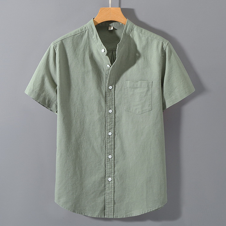 綿麻シャツ カジュアルシャツ バンドカラー 半袖 シャツ トップス リネンコットン 涼しい メンズ
