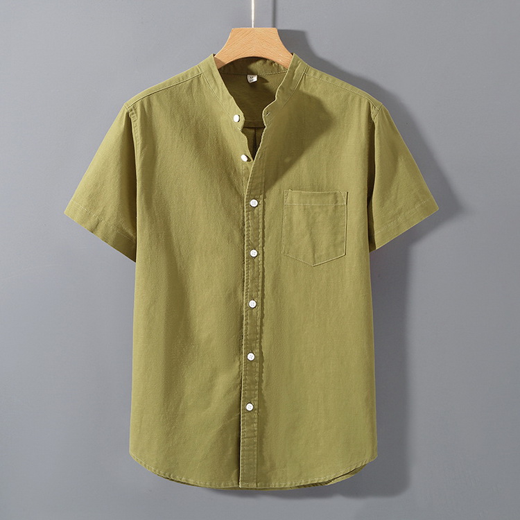 綿麻シャツ カジュアルシャツ バンドカラー 半袖 シャツ トップス リネンコットン 涼しい メンズ