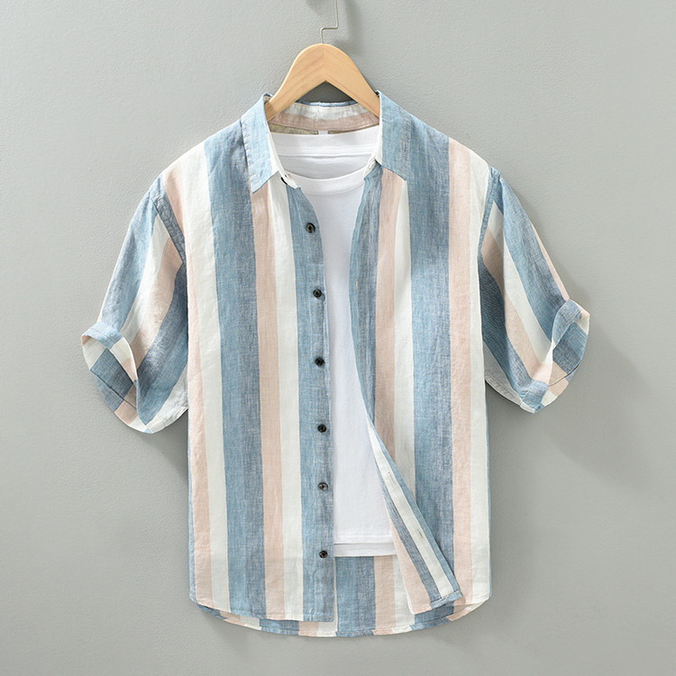リネンシャツ 五分袖 シャツ カジュアルシャツ トップス ストライプ 亜麻シャツ 涼しい サマー