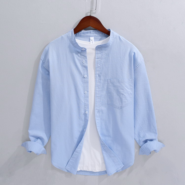 リネンシャツ メンズ シャツ 綿麻シャツ リネンコットン バンドカラー カジュアルシャツ トップス 夏物 夏服 父の日の画像
