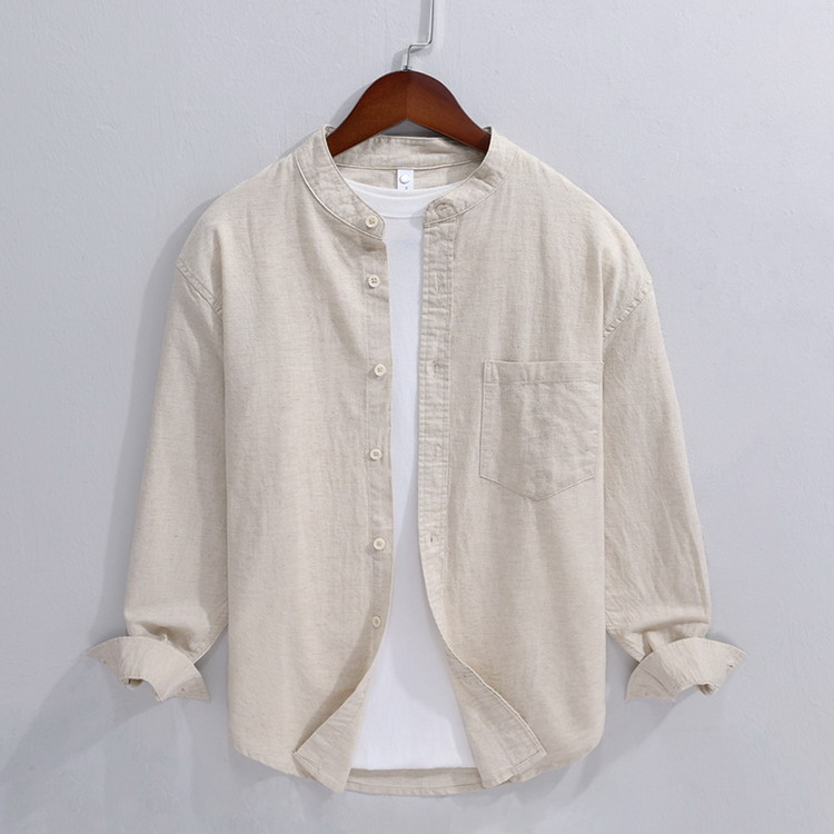 リネンシャツ メンズ シャツ 綿麻シャツ リネンコットン バンドカラー カジュアルシャツ トップス 夏物 夏服 父の日の画像