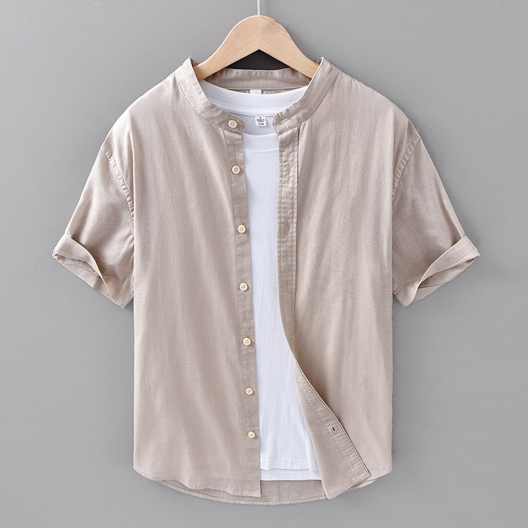 綿麻シャツ メンズ バンドカラーシャツ リネンコットン シャツ カジュアルシャツ トップス 半袖